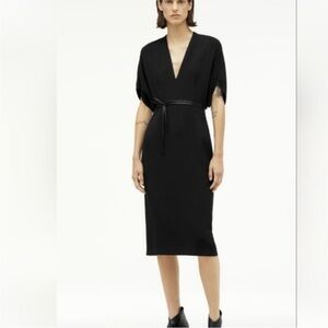 Zara Black V-Neck Belted Midi Dress